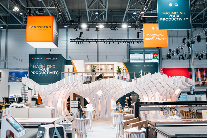 Our impressive central canopy - a live example of the extraordinary designs achievable with Kongsberg technology, crafted entirely from Re-board®!