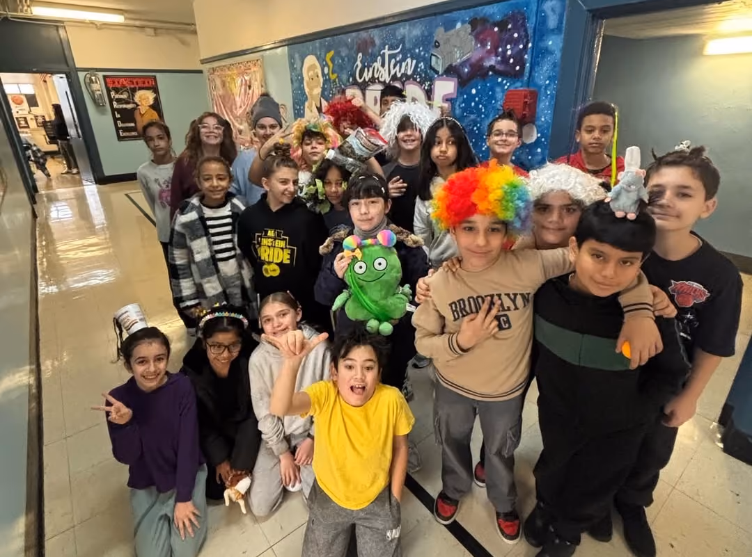 Students in colorful wigs and hats on Crazy Hair Day