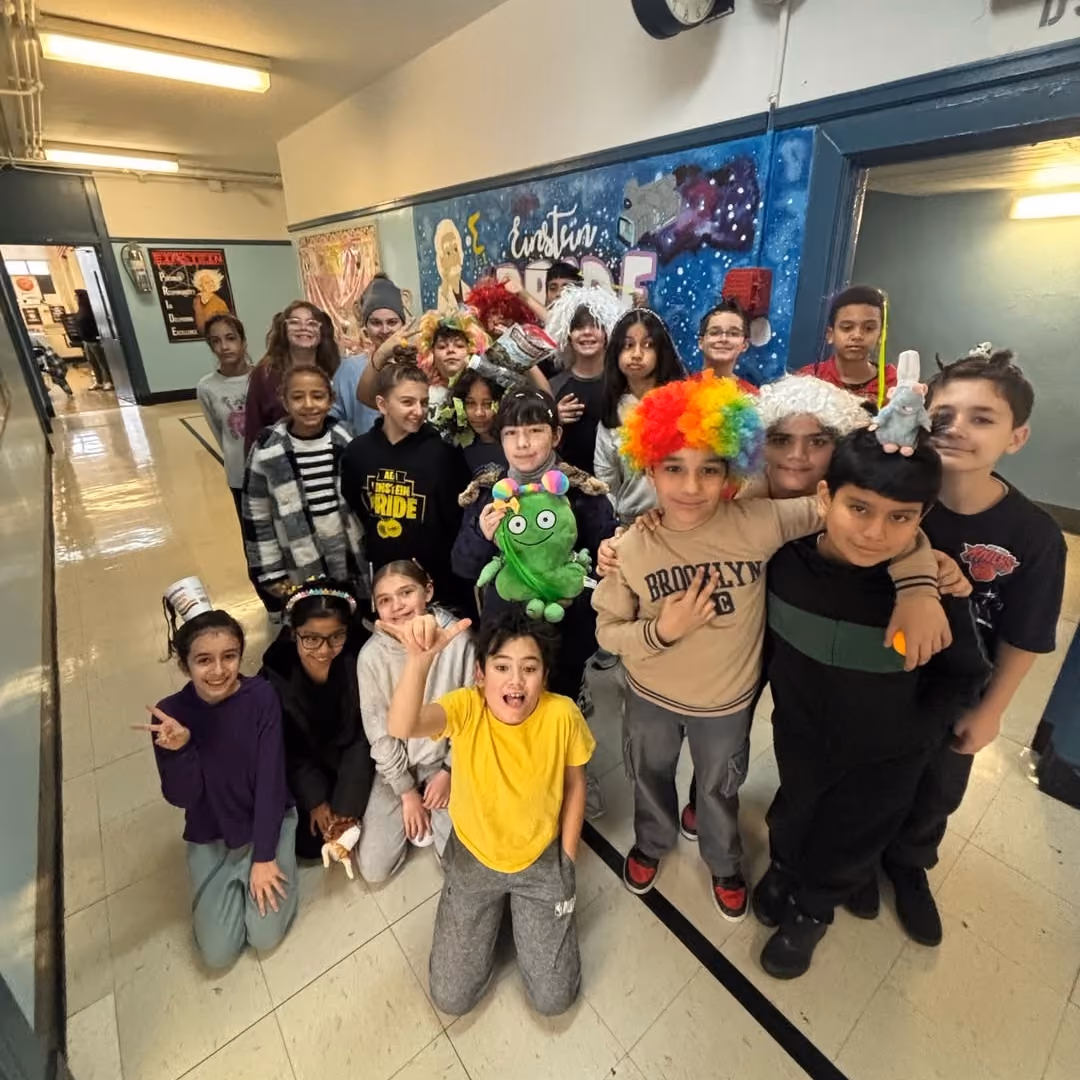 Students in colorful wigs and hats on Crazy Hair Day