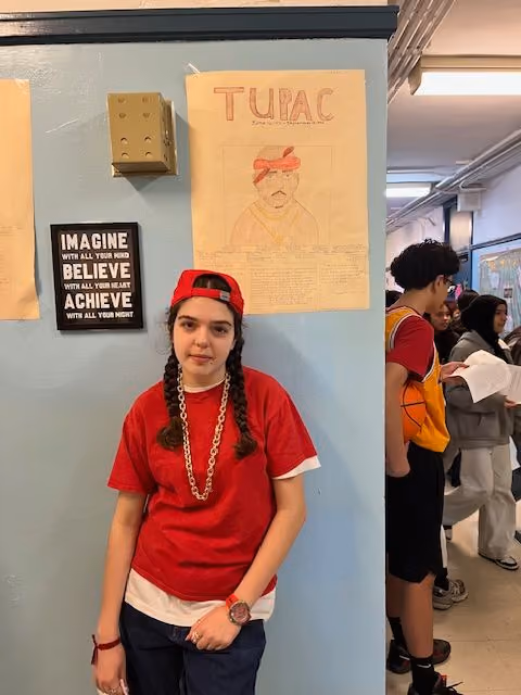 Student dressed as Tupac Shakur for the Living Wax Museum