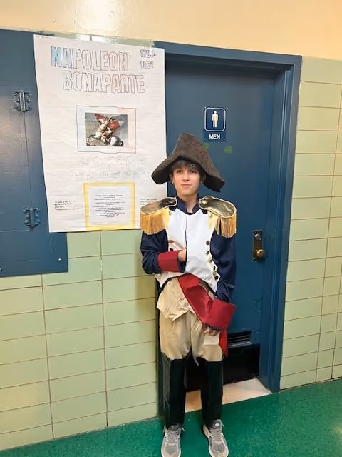 Student dressed as Napoleon Bonaparte for the Living Wax Museum