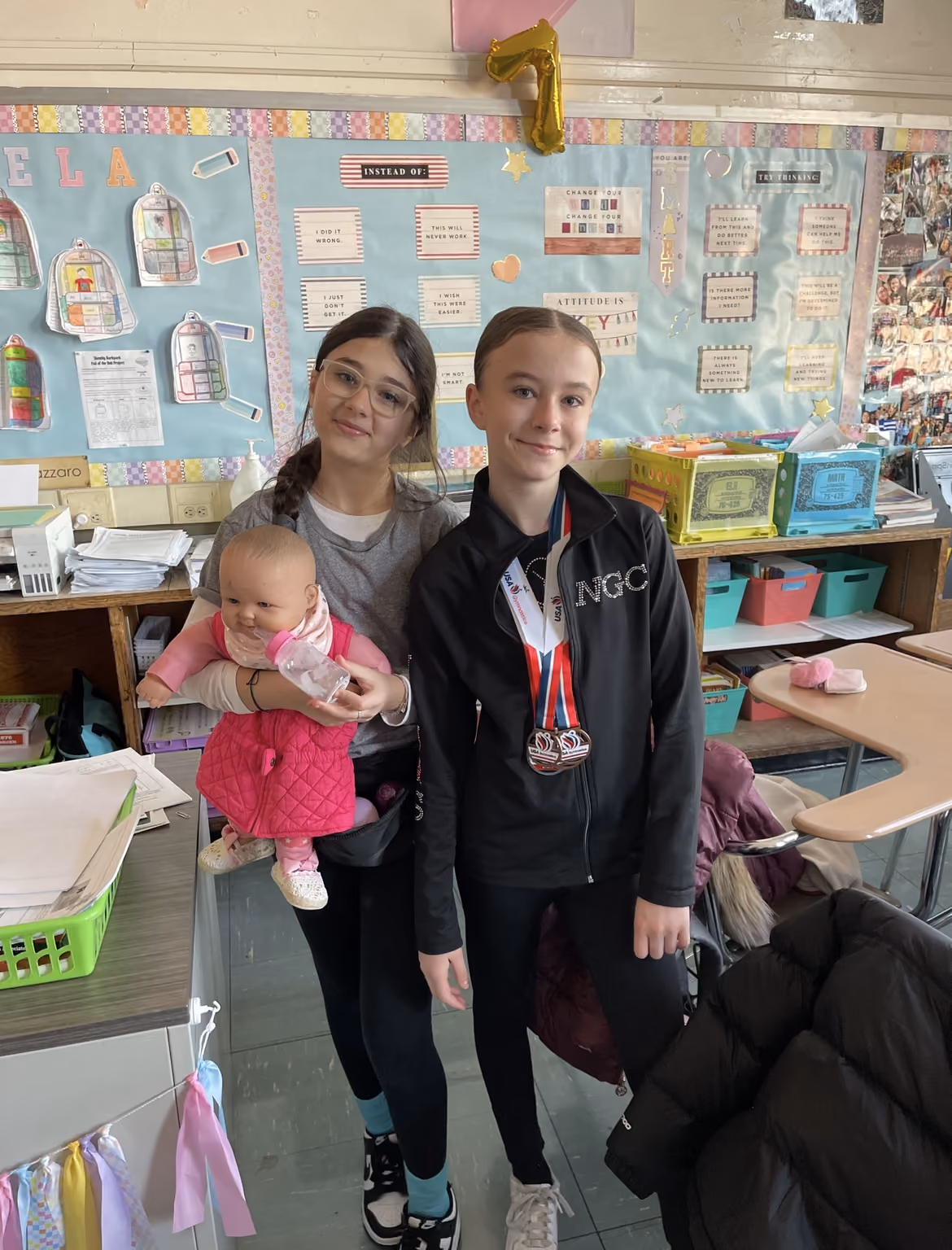 Two students dressed for their future careers in a classroom on Career Day
