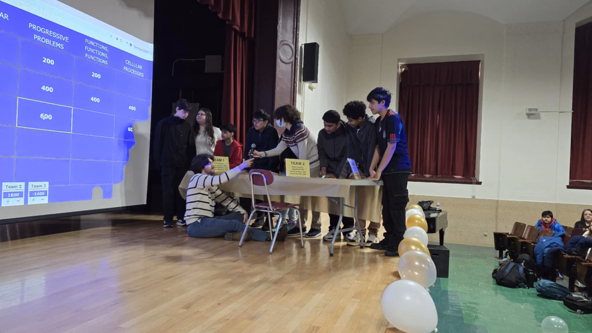 Students gathered at the answer table during MAA and RBG Jeopardy