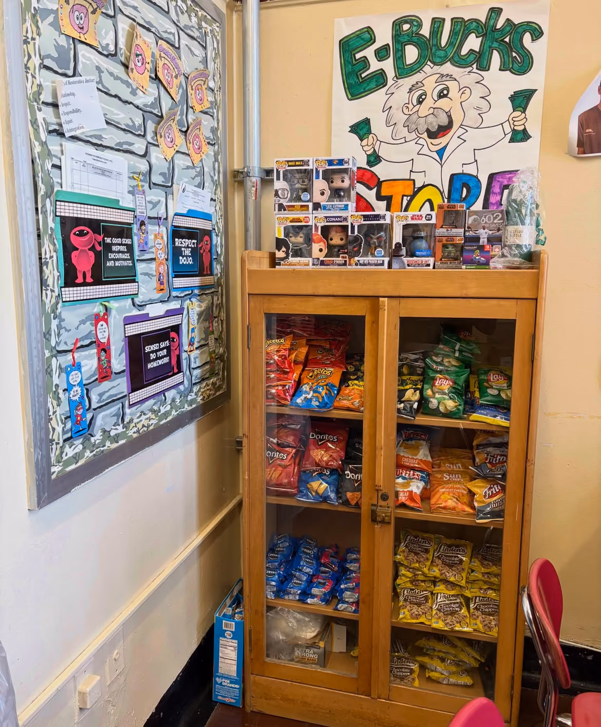E-Bucks store cabinet stocked with snacks and prizes in Mr. K's classroom