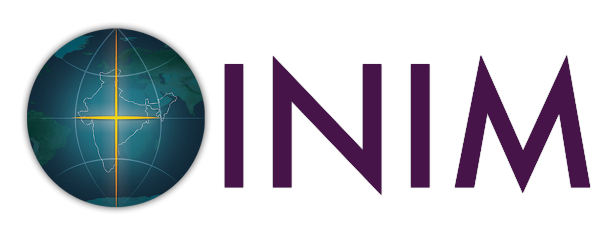 Logo with a globe showing India highlighted by a glowing cross and the text INIM in purple letters.