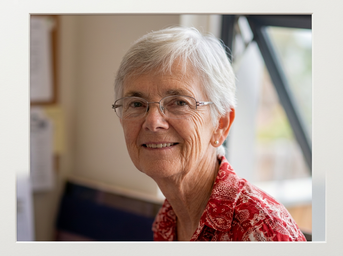 Smiling elderly woman with short white hair and glasses wearing a red patterned shirt.