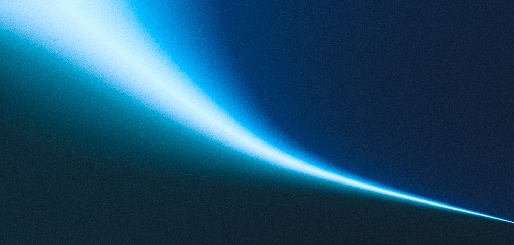 Bright white light beam curving over a dark teal and navy blue gradient background.