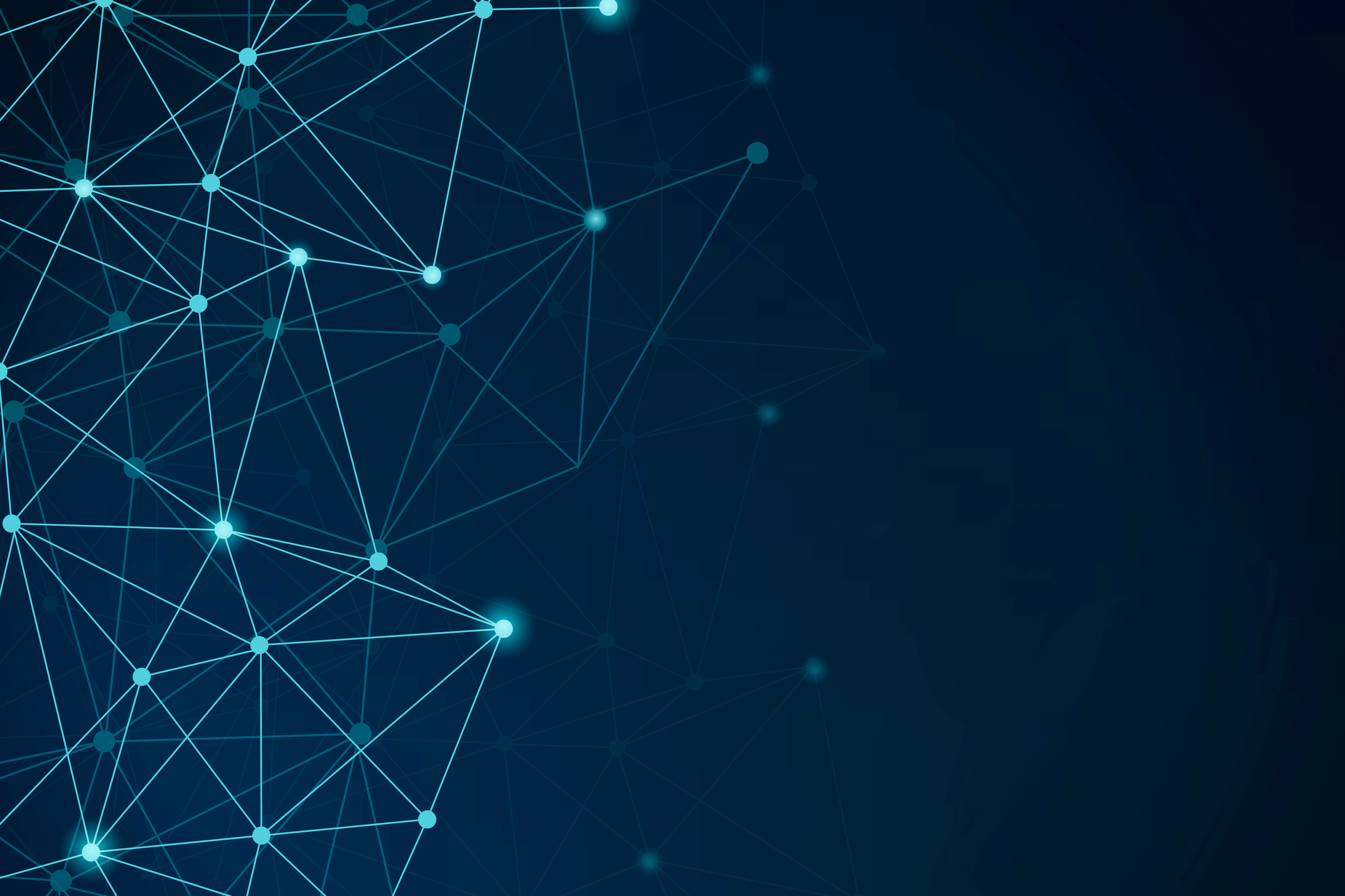 Glowing blue nodes connected by lines on a dark background representing a digital network.