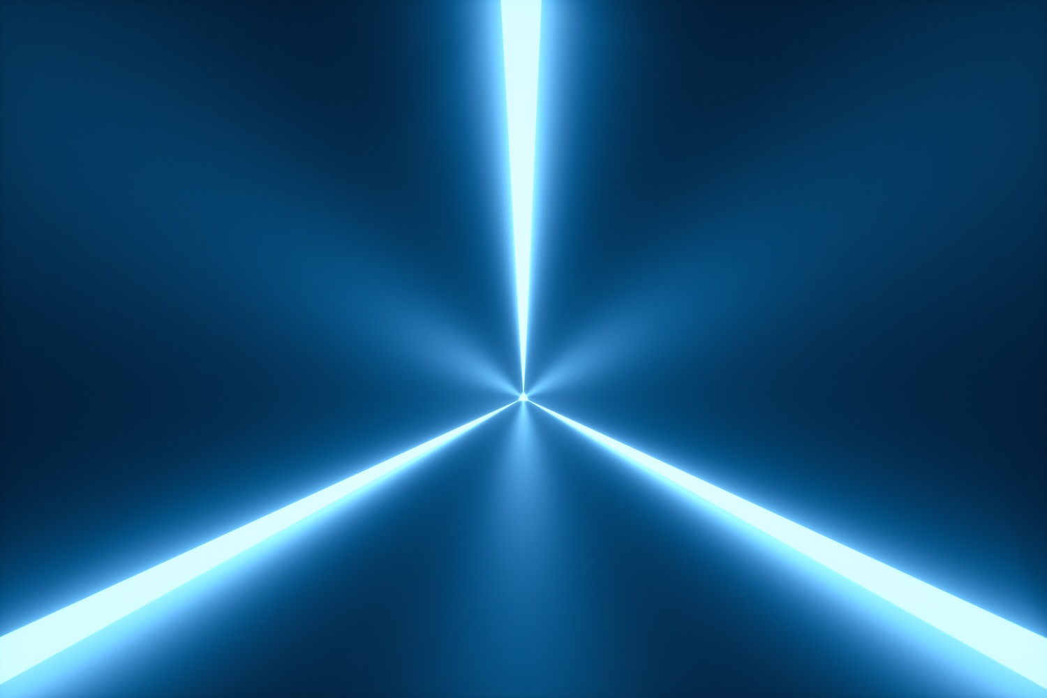 Three bright blue light beams converging to a single point in the center, set against a dark blue background creating a radiant, symmetrical pattern.