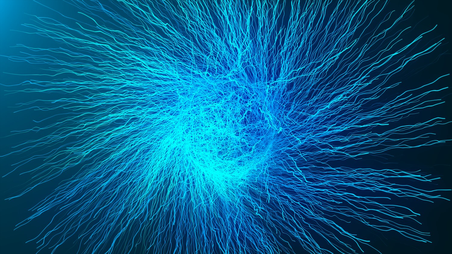 Abstract digital art featuring bright blue, wavy light streaks radiating outward from a dense central cluster on a dark blue background.