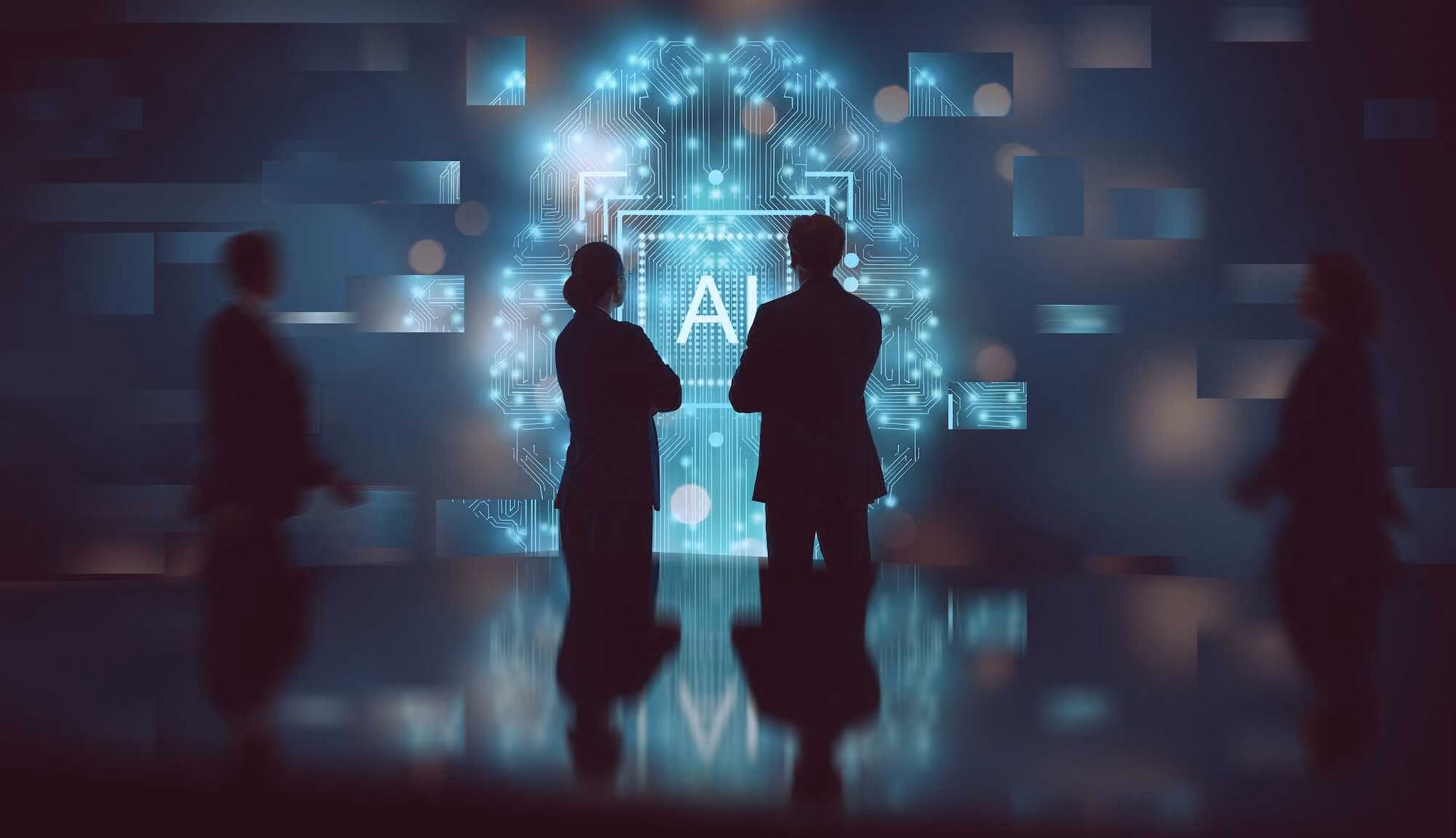Silhouettes of two professionals standing with arms crossed facing a glowing digital brain with the letters AI inside, surrounded by circuit patterns and floating rectangular digital elements.