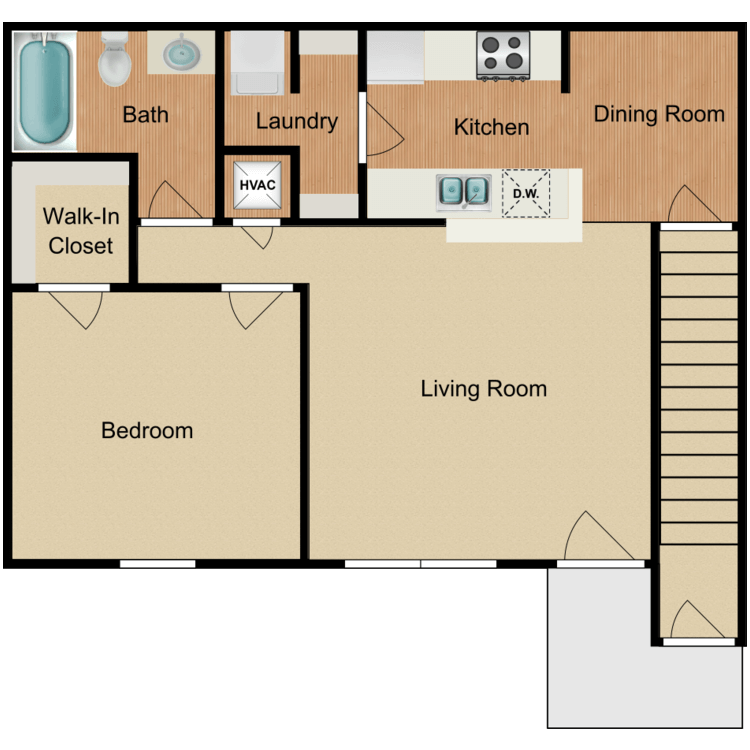 1 Bed 1 Bath floor plan layout