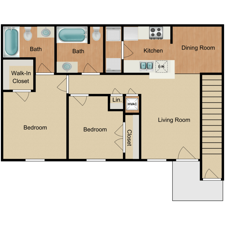 2 Bed 2 Bath floor plan layout