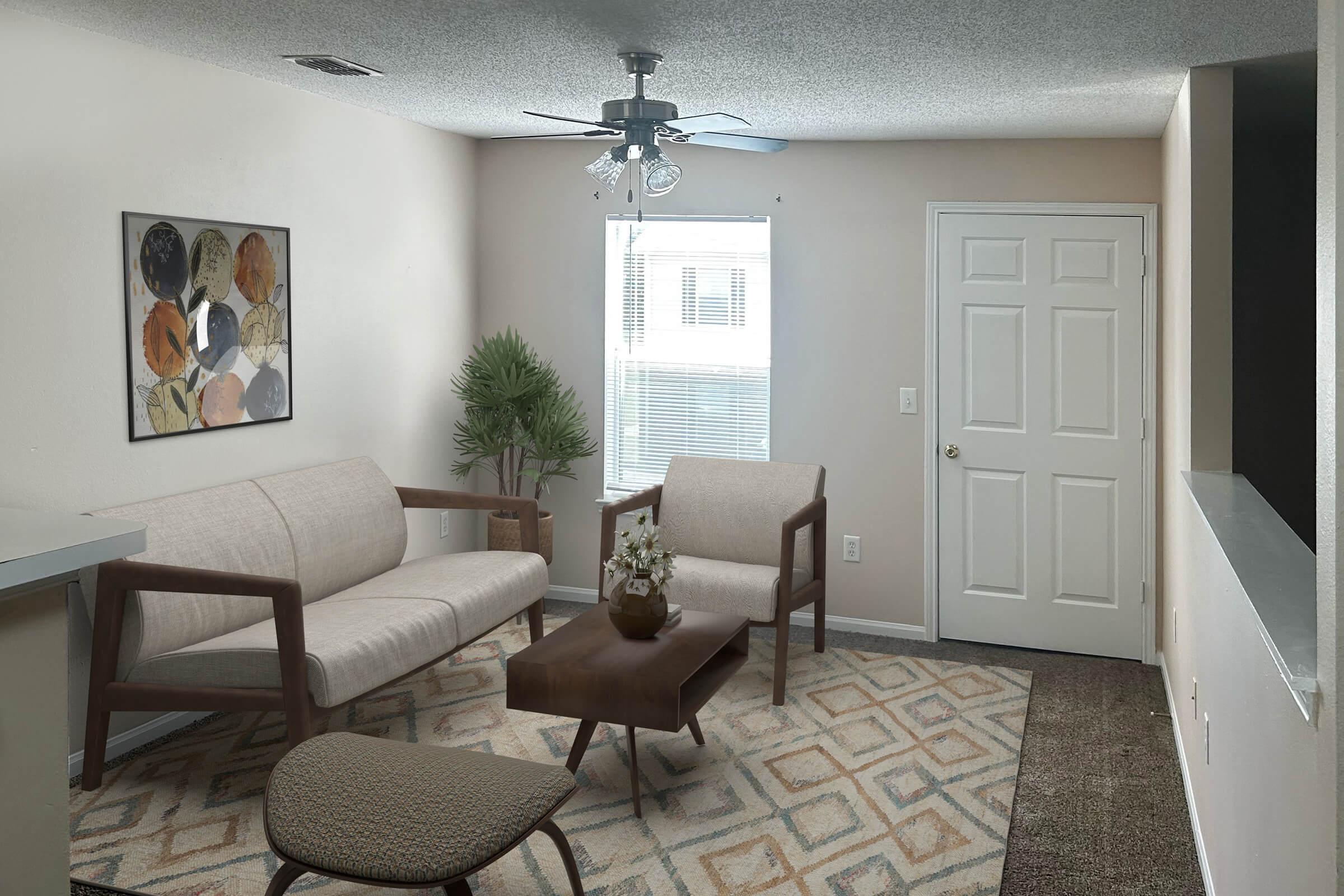 Furnished, carpeted living room