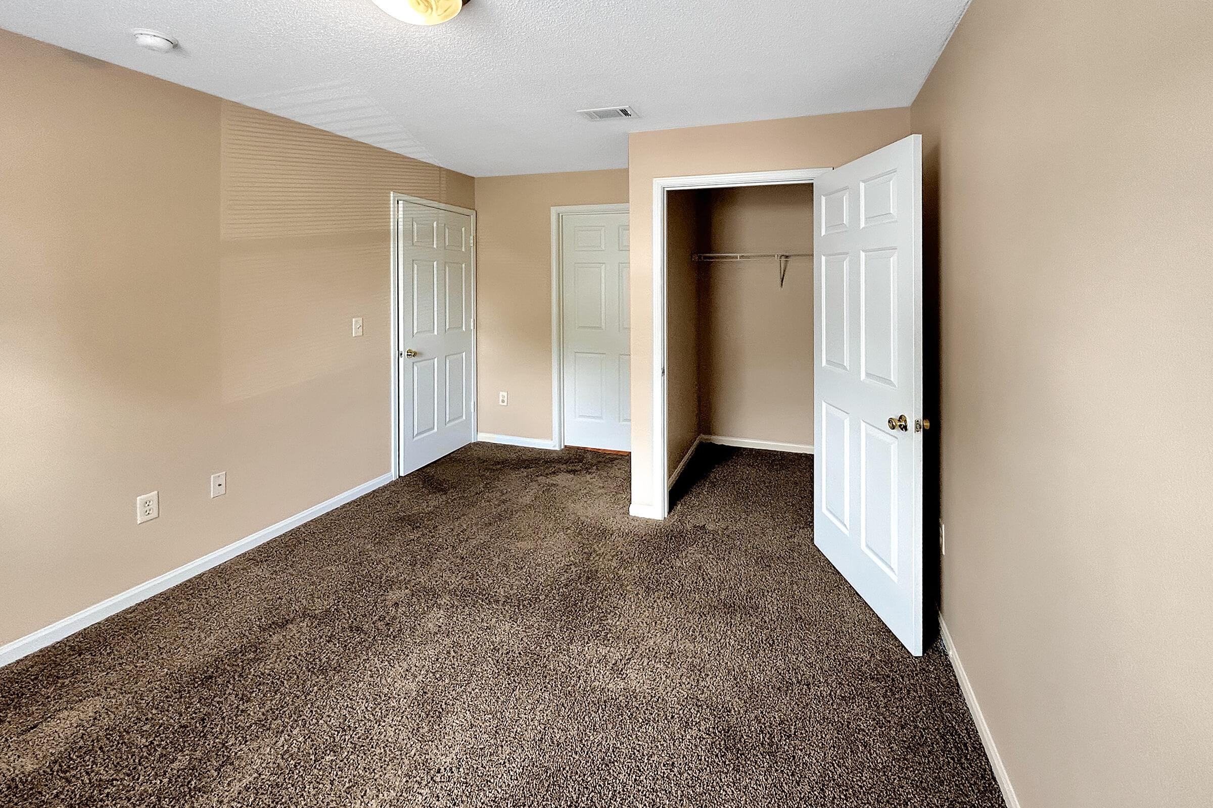 Carpeted bedroom with walk-in closet