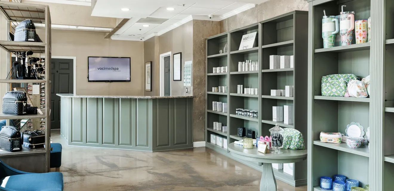 Voci MedSpa reception and retail area with VociSkin products on display