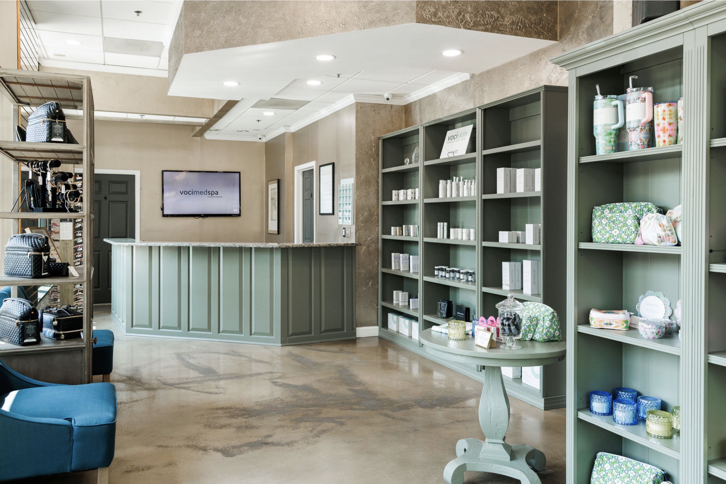 Voci MedSpa reception and retail shelves at StoneCrest