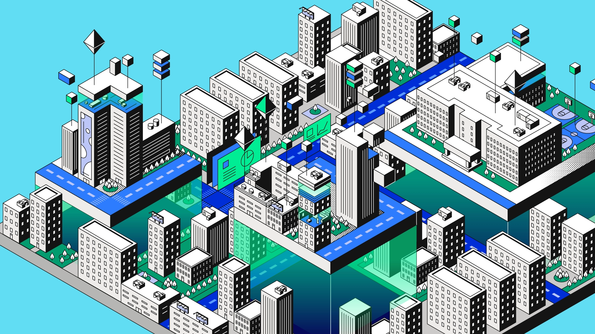 Illustration isométrique d'une ville stylisée avec immeubles, rues et rivière, incluant des icônes de graphiques et de données intégrées aux bâtiments, symbolisant la gestion de données immobilières