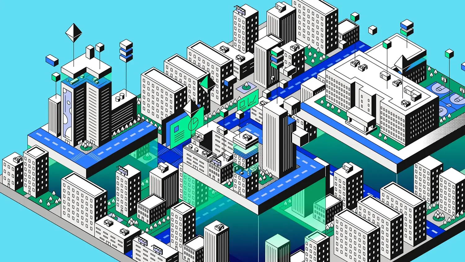 Illustration isométrique d'une ville stylisée avec immeubles, rues et rivière, incluant des icônes de graphiques et de données intégrées aux bâtiments, symbolisant la gestion de données immobilières