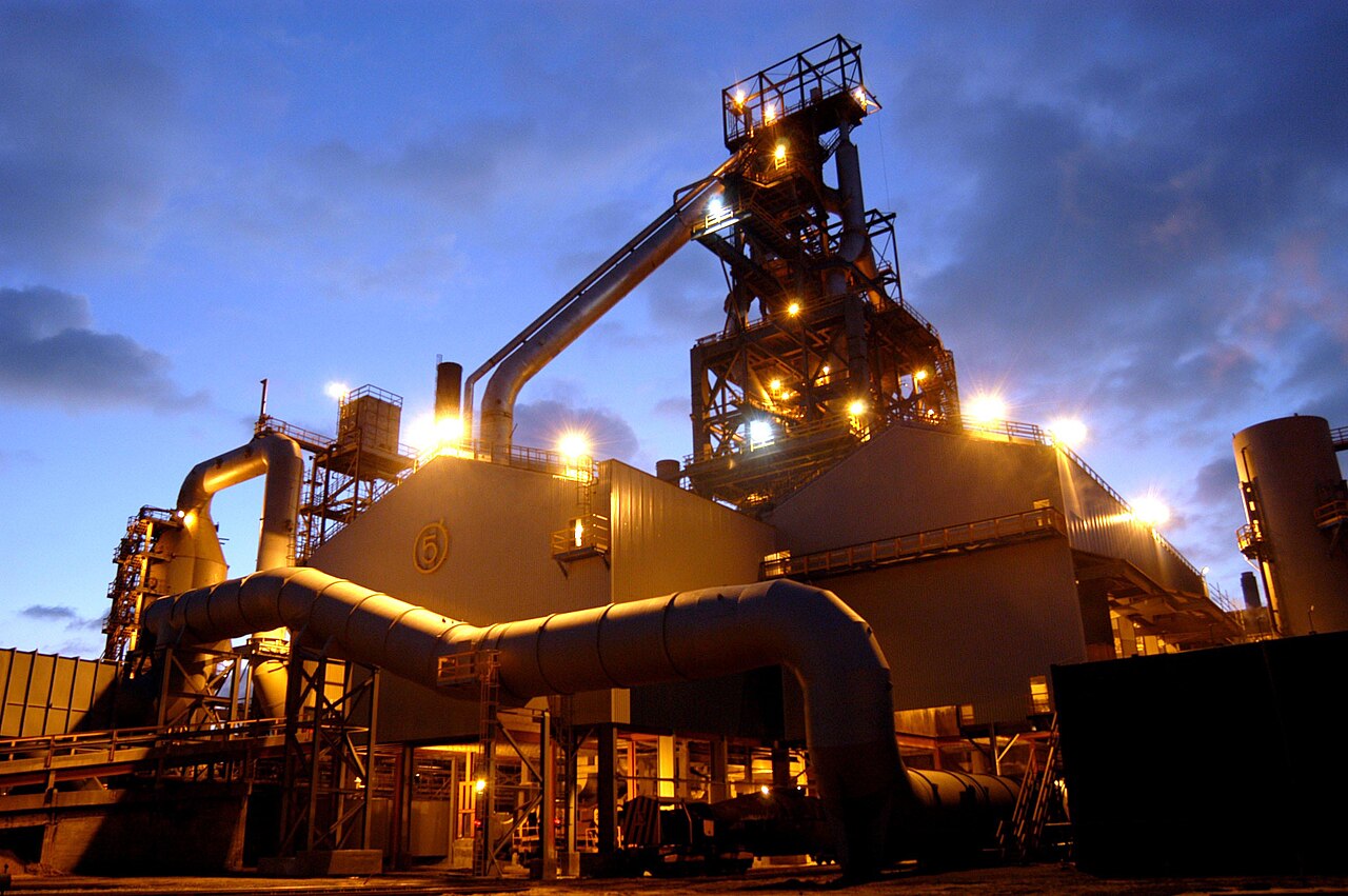 A steelworks at dusk