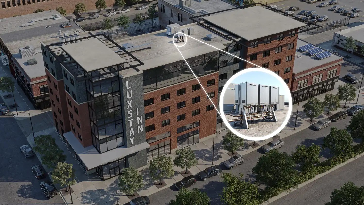 Aerial rendering of Luxstay Inn showcasing modern architecture and rooftop features.