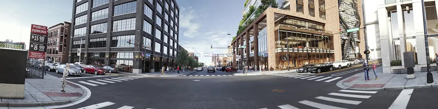 Rendering of a busy urban streetscape with modern buildings and vehicles.
