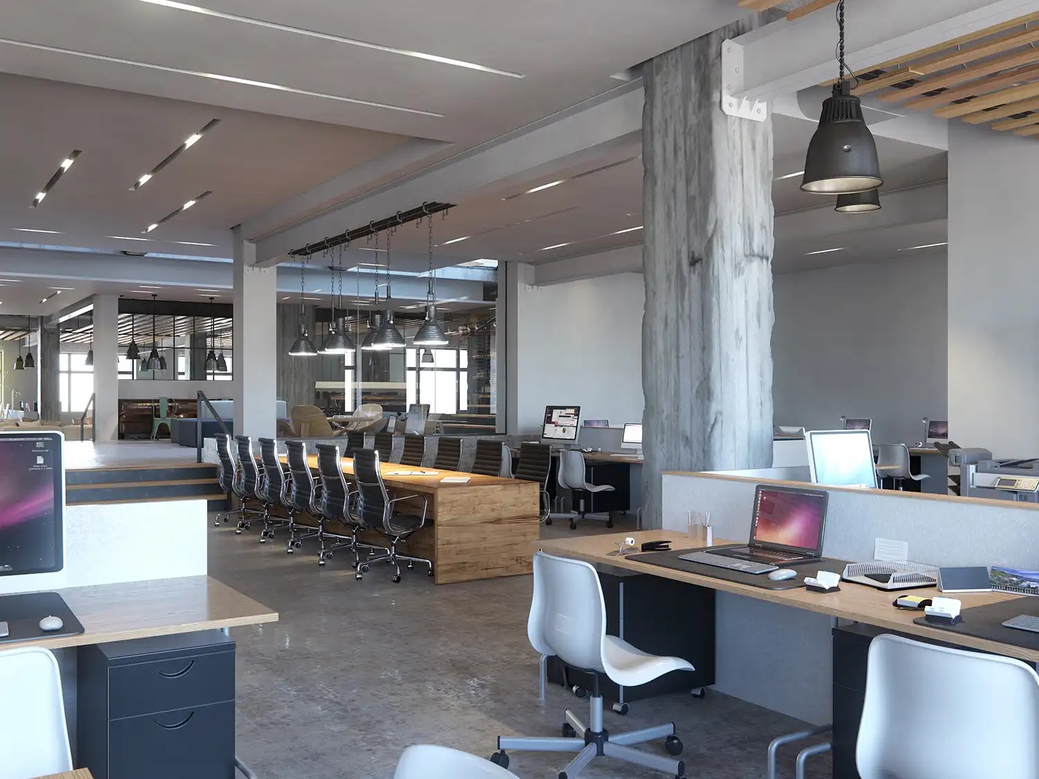 Interior view of a modern office space with desks and chairs.