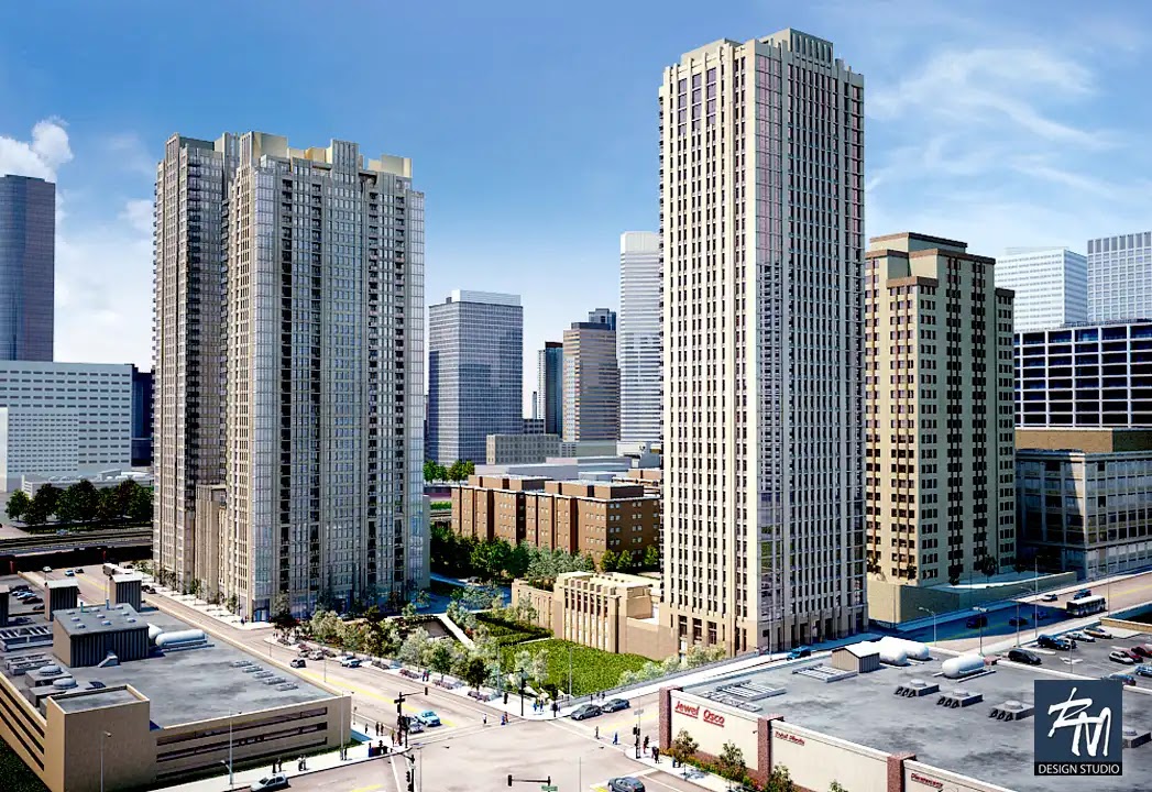 Rendering of urban multifamily residential towers in a cityscape.