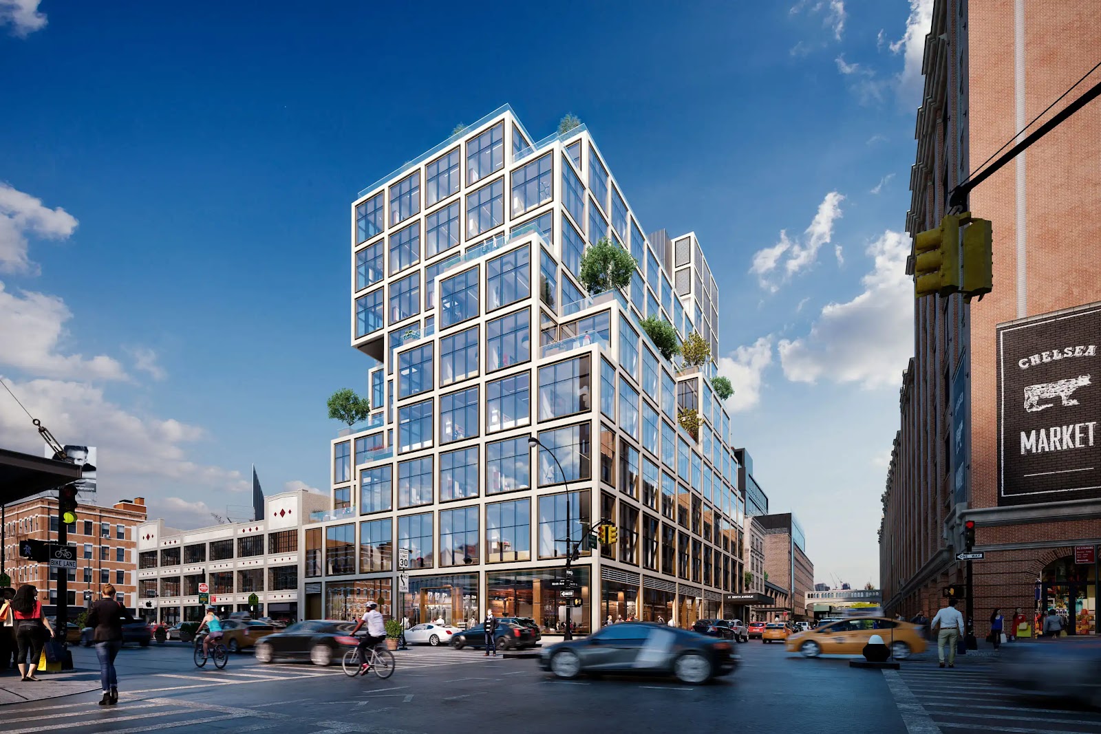 Rendered image of a modern mixed-use building with large windows and greenery.