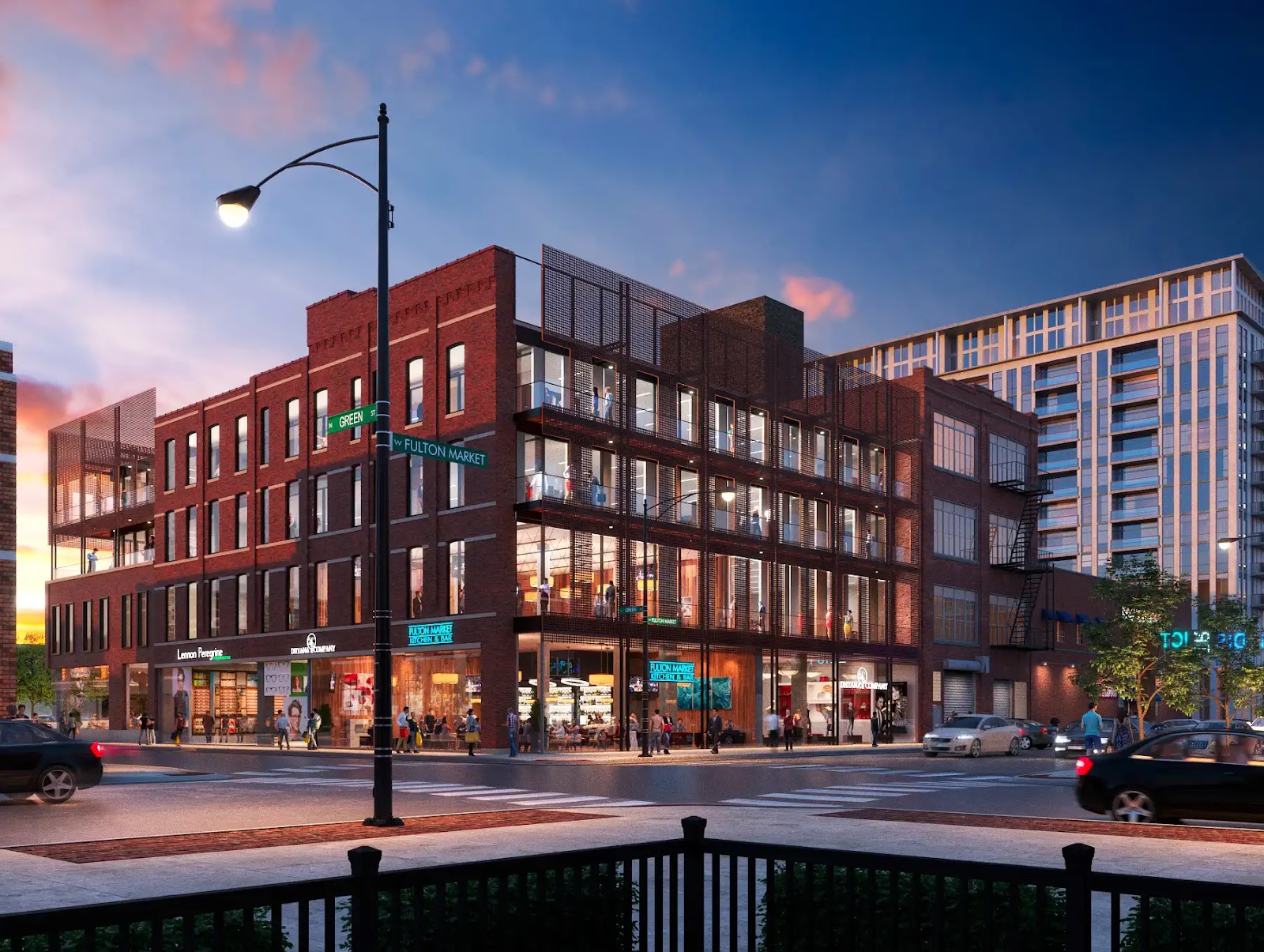 Rendering of a mixed-use building with retail spaces at dusk.
