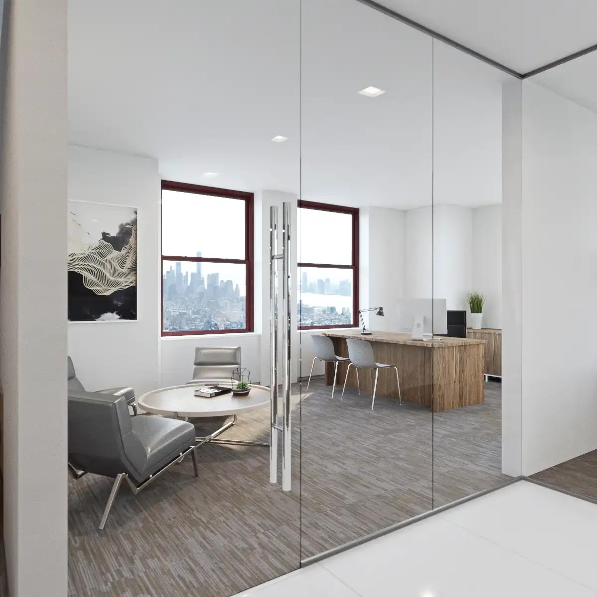 Interior of a modern office with city skyline views and minimalist furniture.