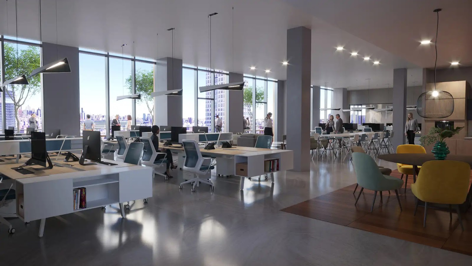 Bright modern office interior with city view and collaborative spaces.