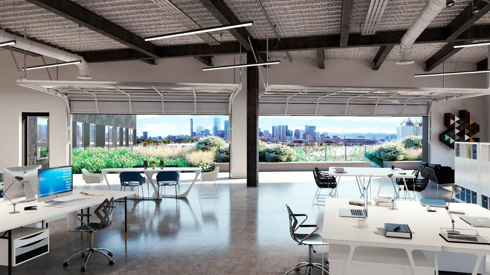 Modern open office interior with city skyline view and greenery.