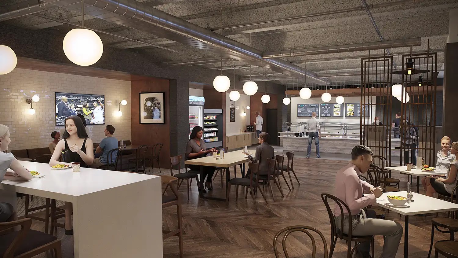 Modern dining area in a multifamily development with seated patrons.