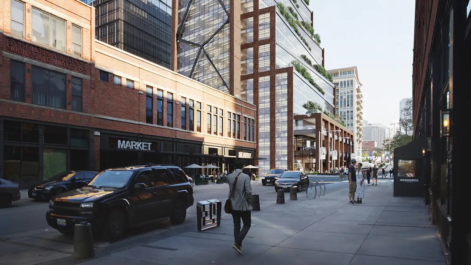 Rendering of a mixed-use urban development with streetscape.