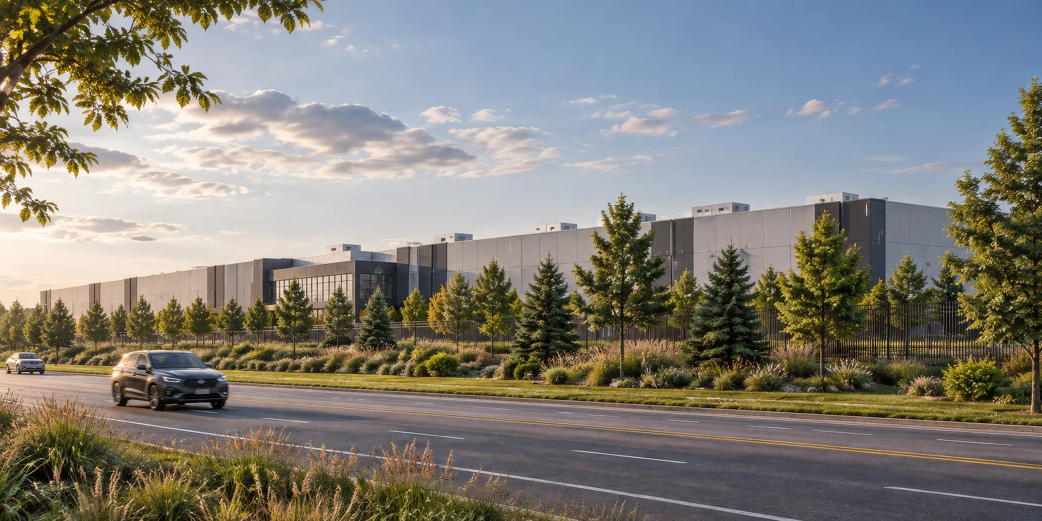 Data center exterior rendering showing building scale, perimeter landscaping, security fencing, and the surrounding public roadway.