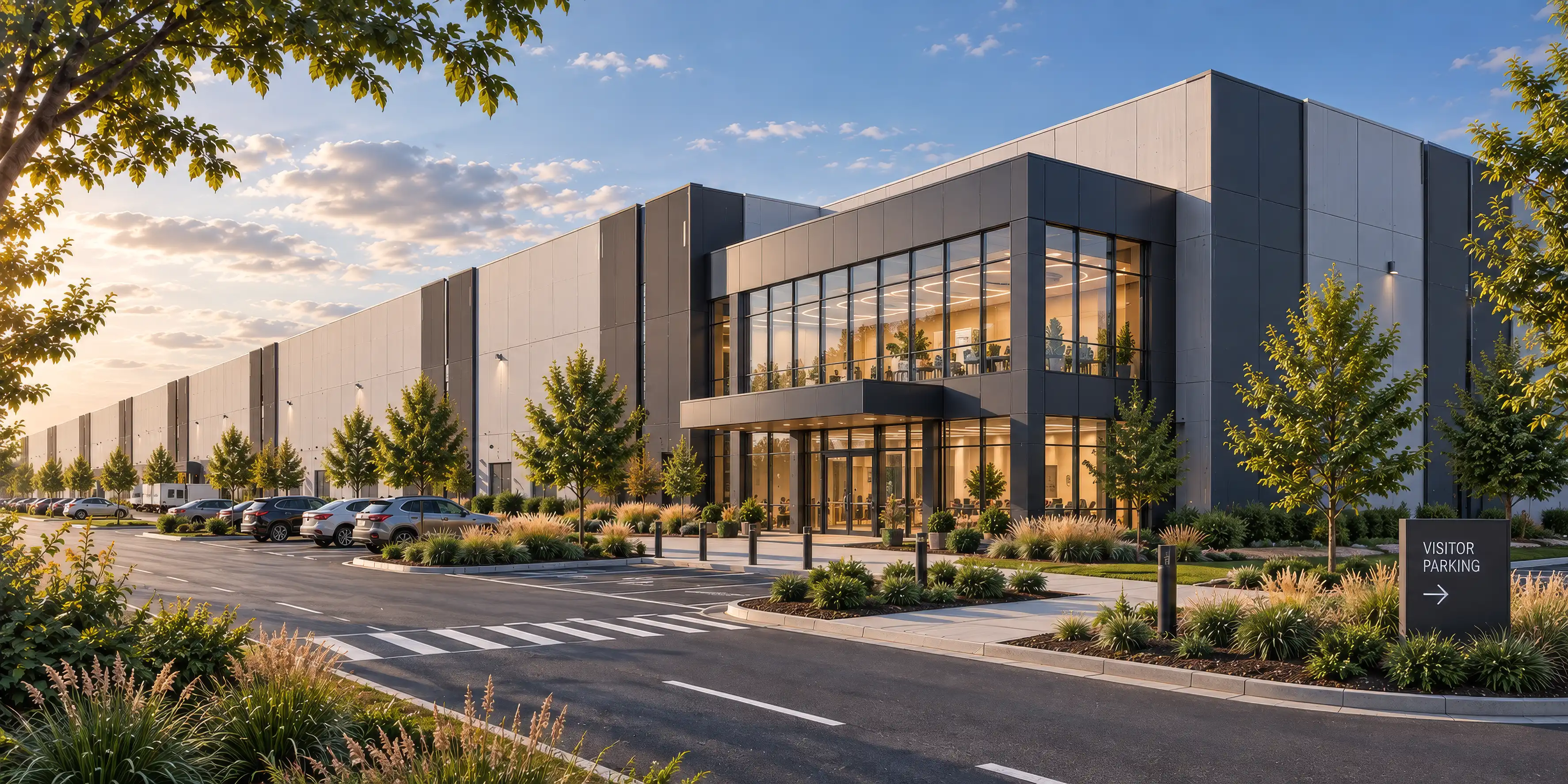 Data center rendering showing the administrative entrance, visitor parking, landscaping, and attached data hall.