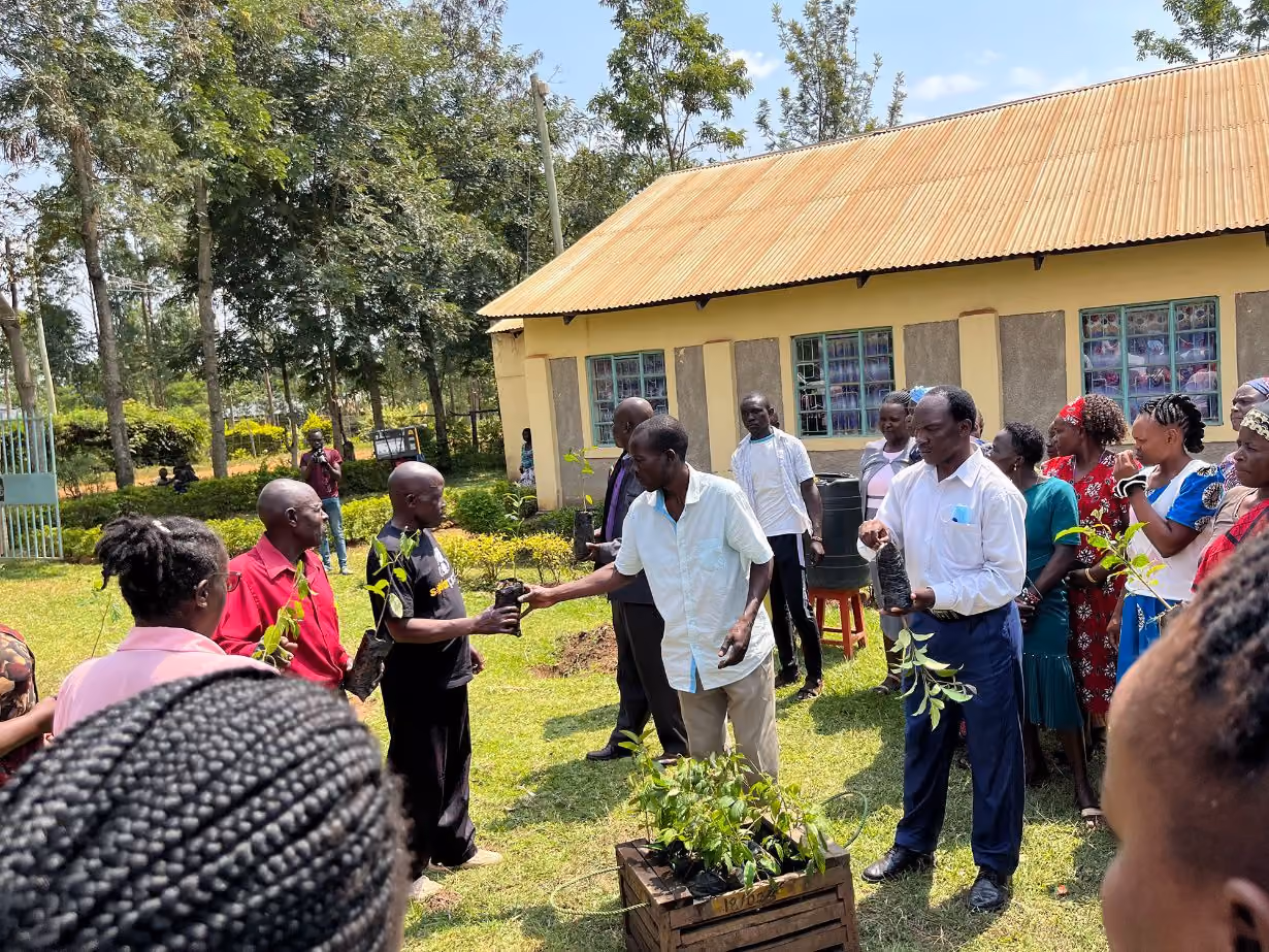 Group of people planting trees in rural Africa