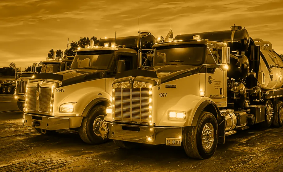 hm semi trucks parked next to another yellow overlay