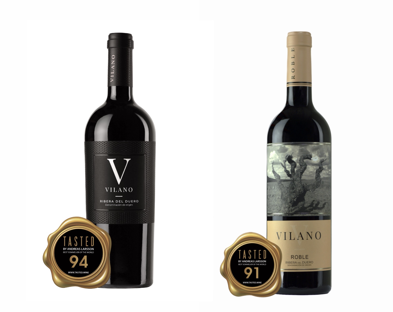 Botellas de Vilano y Vilano Roble con los lacres dorados Tasted by Andreas Larsson de 94 y 91 puntos