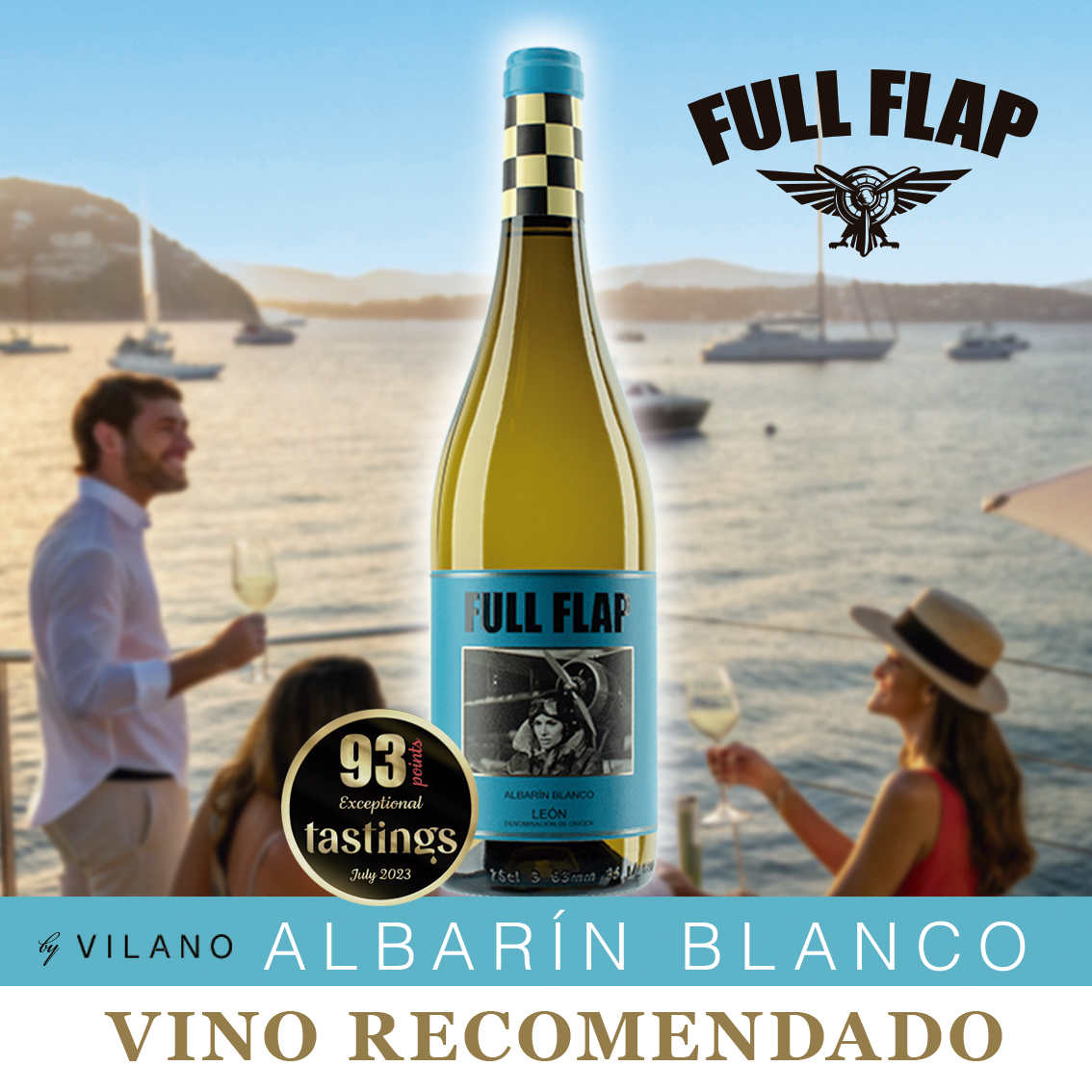 Cartel de Full Flap Albarín Blanco, D.O. León, con el sello de 93 puntos de Tastings sobre una escena de puerto deportivo