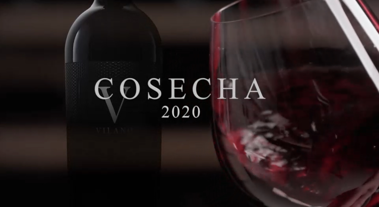 Botella de Vilano y copa de vino tinto sobre fondo oscuro con el rótulo Cosecha 2020