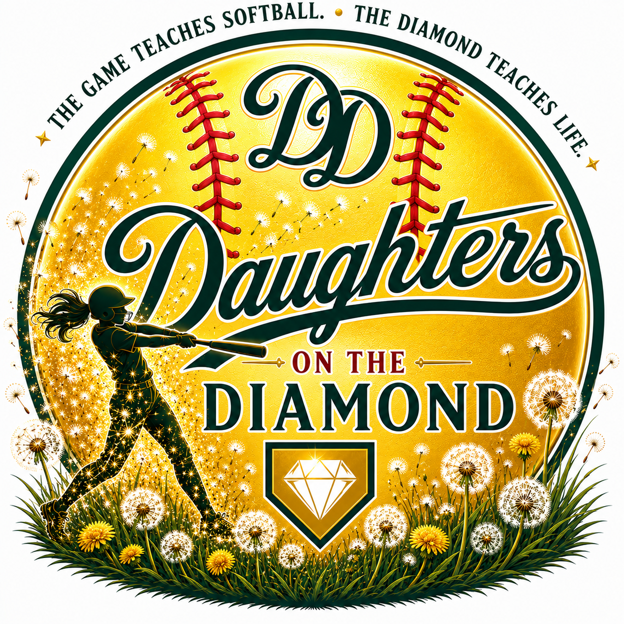 Daughters on the Diamond logo featuring a softball player, dandelions, and a diamond