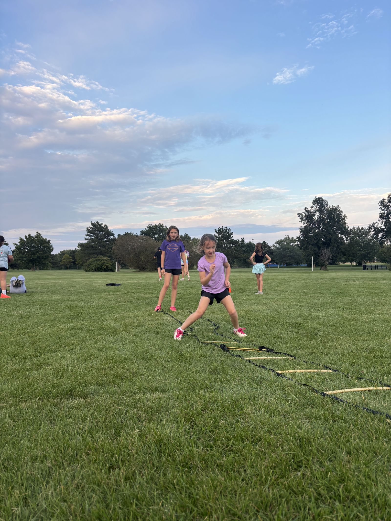Players run through cones at a clinic on the grass.