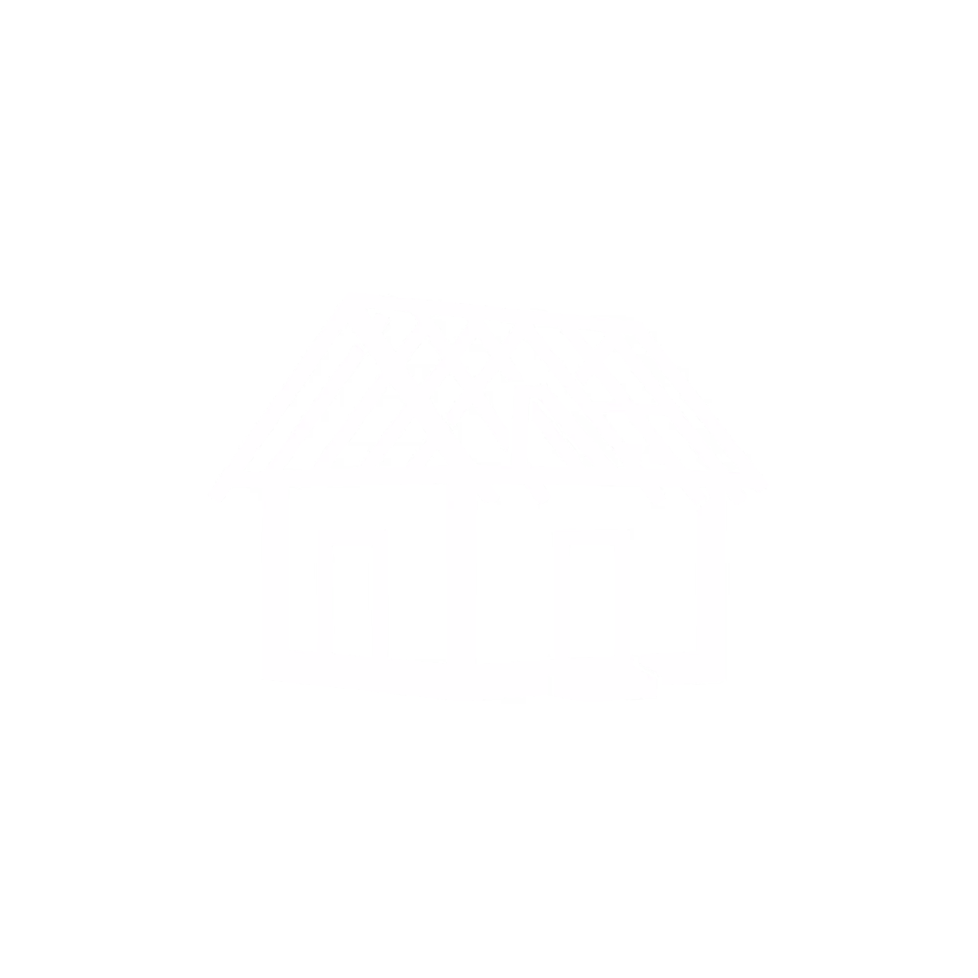 White line drawing of a house with an unfinished roof on a black background.