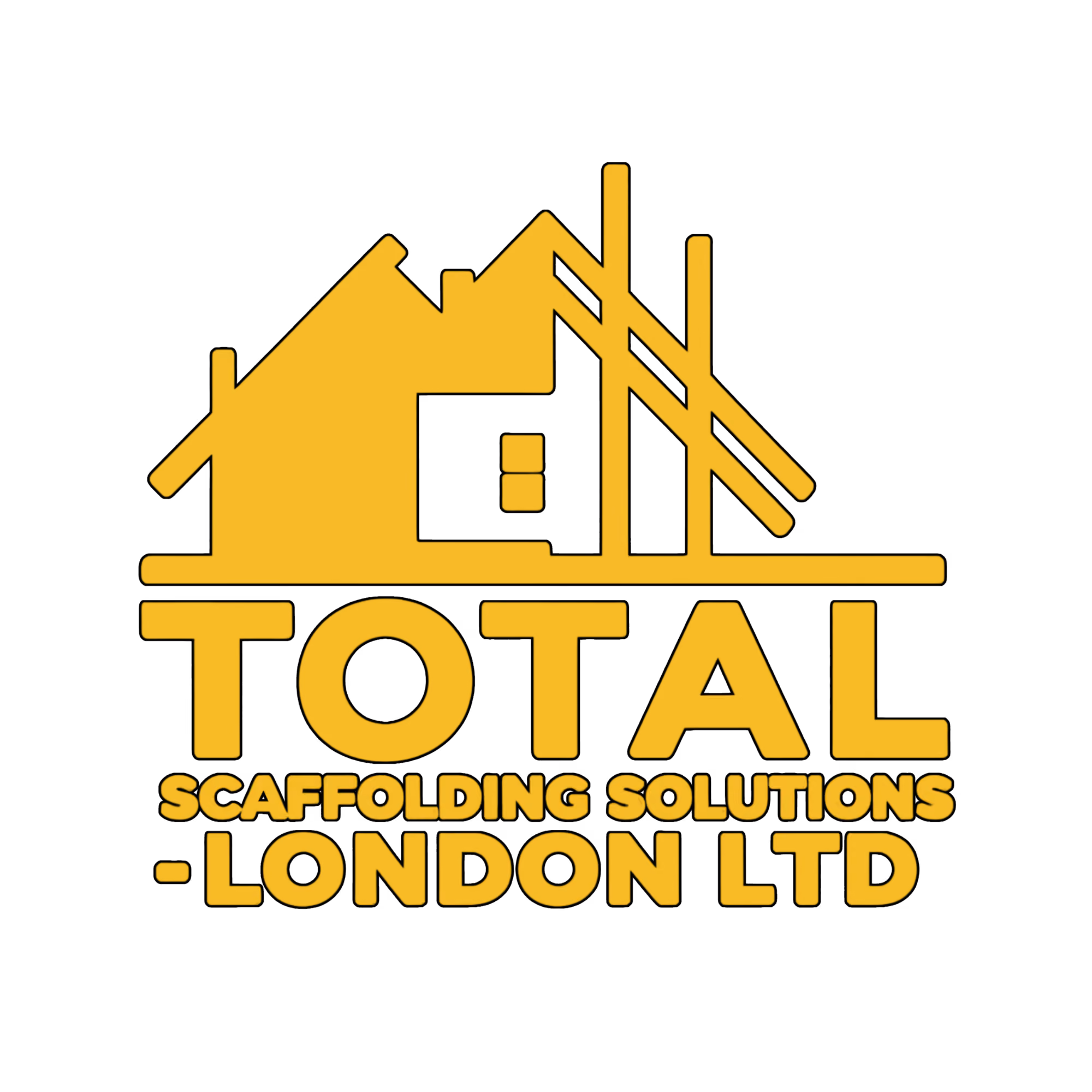Yellow graphic of house with scaffolding above text Total Scaffolding Solutions London Ltd on black background.