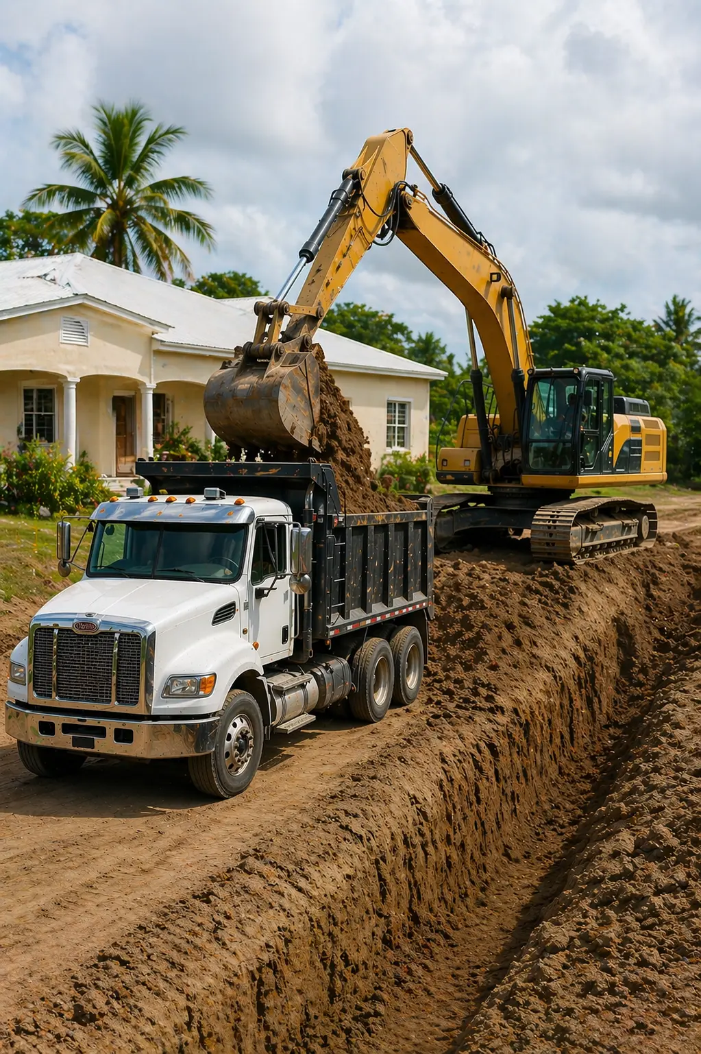 excavator  loading soil into the back of a truck