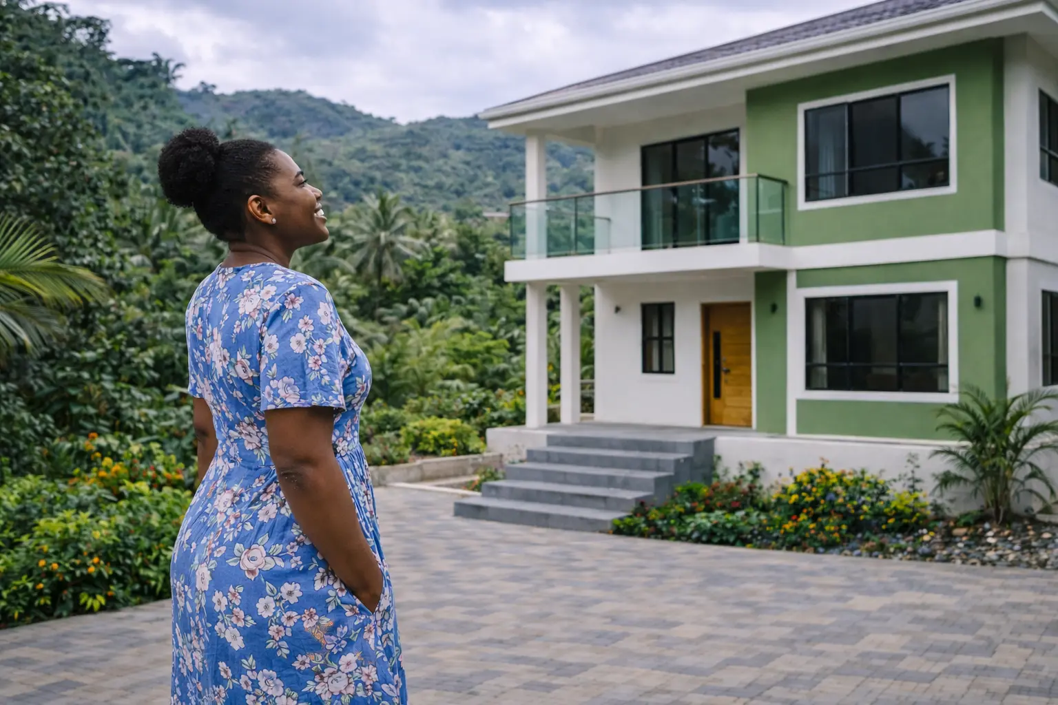 Home owner standing in front of a newly built modern house