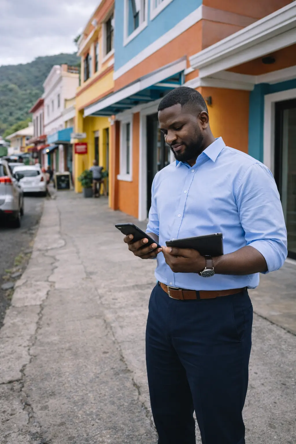 business owner stands in front of a commercial space while looking at his cellphone and holding a tablet