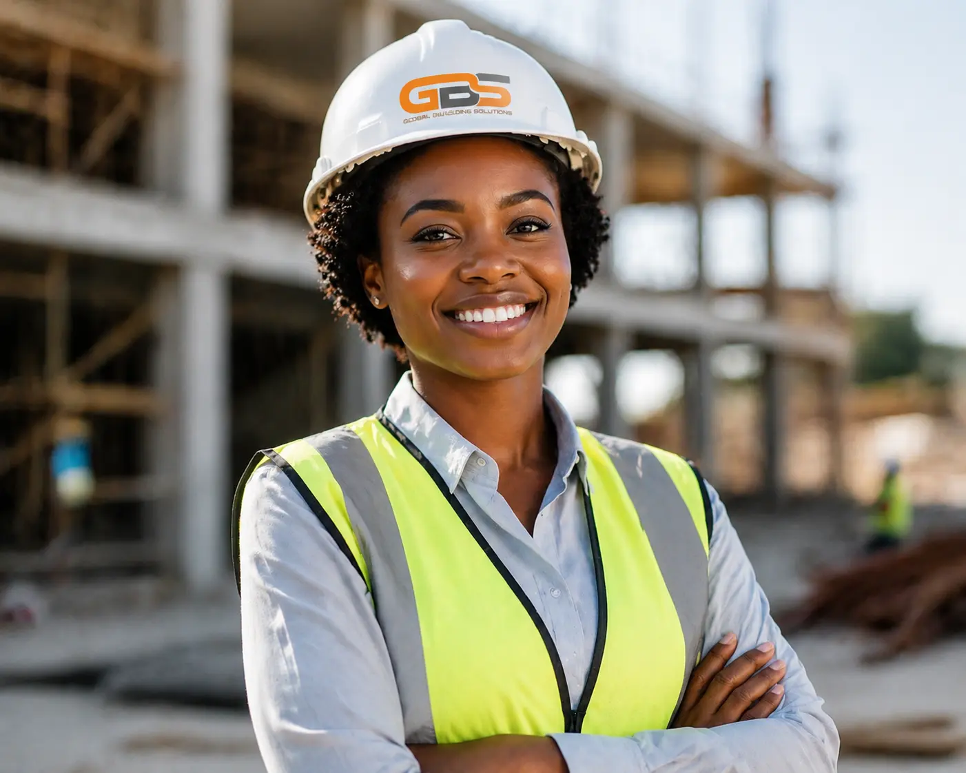 GBS construction worker wearing a hard hat while smiling with arms folded.